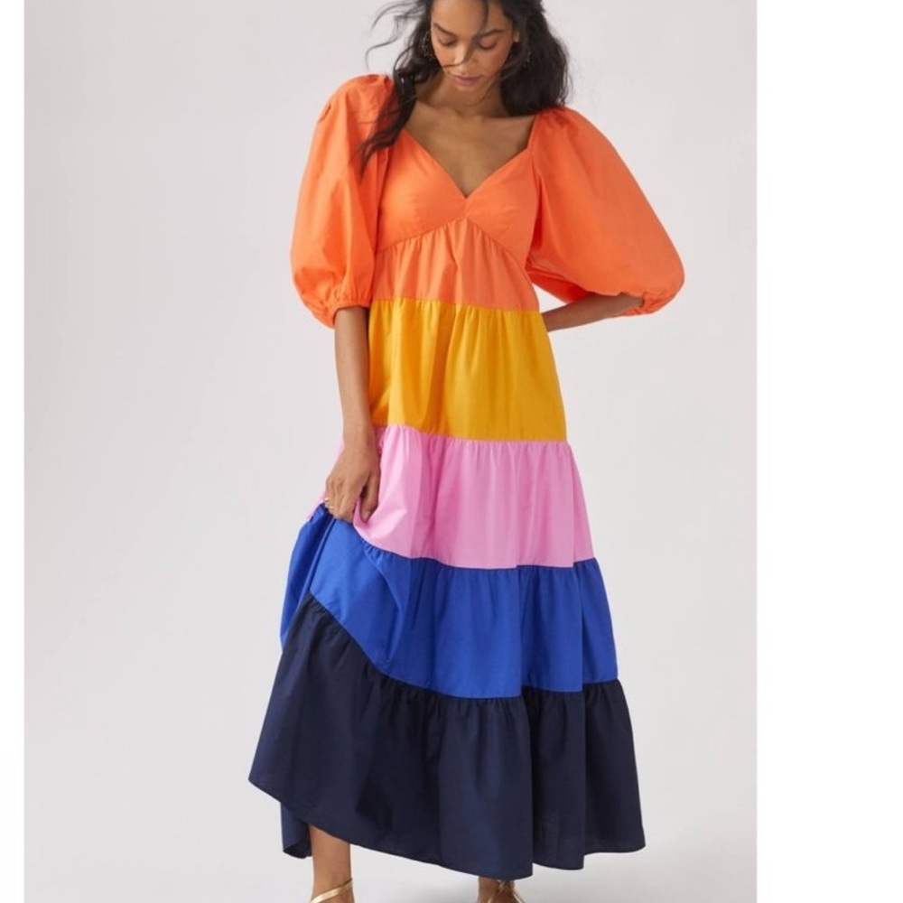 Farm Rio Anthropologie Maxi Dress Color Block Puff Sleeve Small Tiered Boho